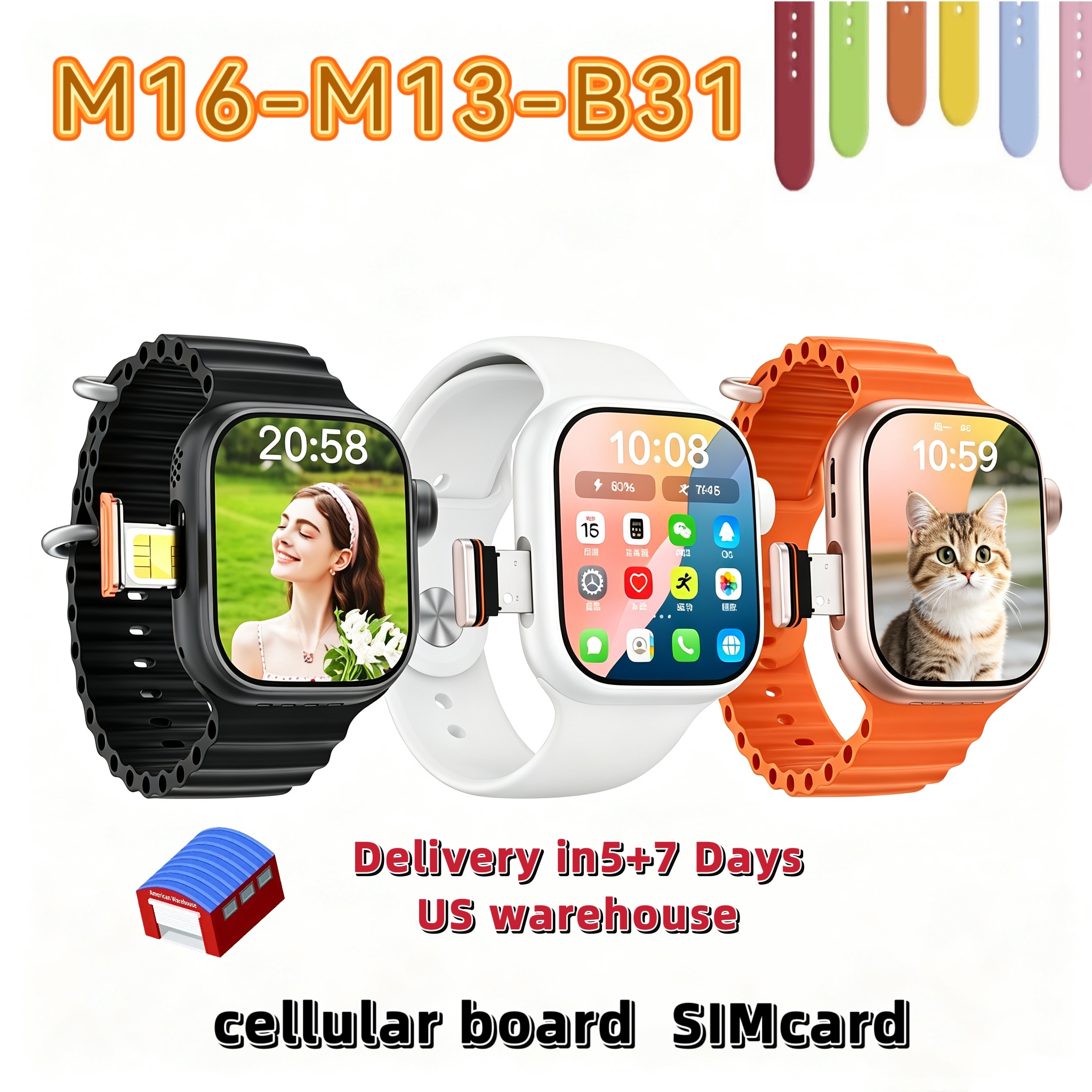 Popular M13 and M16 smartwatches with SIM card slots, 4G cellular Wi-Fi, and location tracking for downloadable apps.