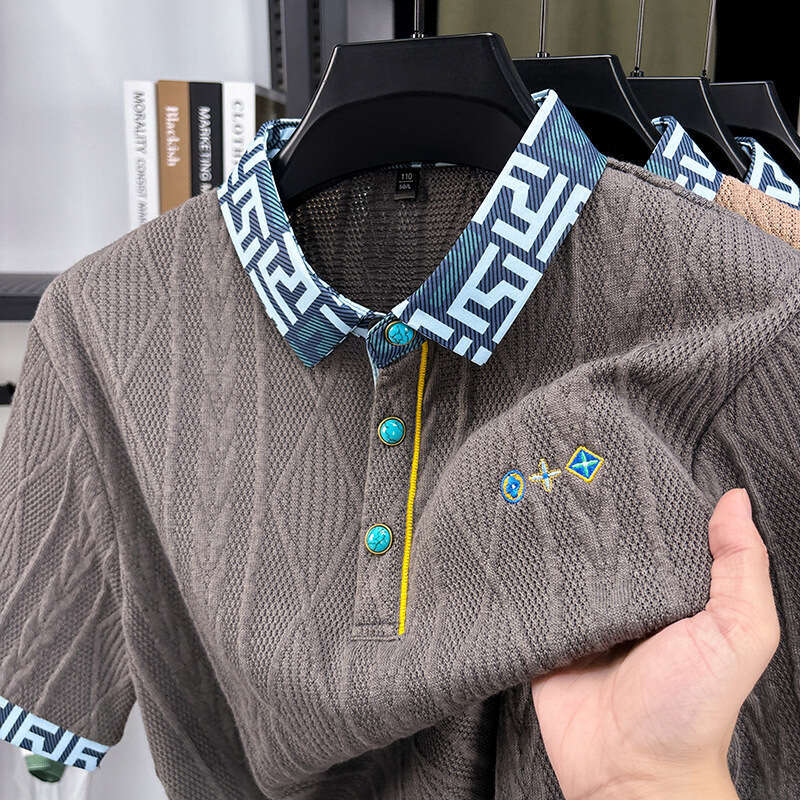 Luxury Brand Designer Clothes New Summer Turn-Down Collar Short Sleeve Gemstone Button Polo Shirt Men's Top Jacquard Embroidered Knit T-Shirt
