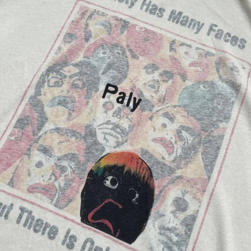 Men's Double Sided Print Anxiety Faces T Shirt Paly Vintage Washed Distressed Holes Oversized Streetwear Tee - view 4