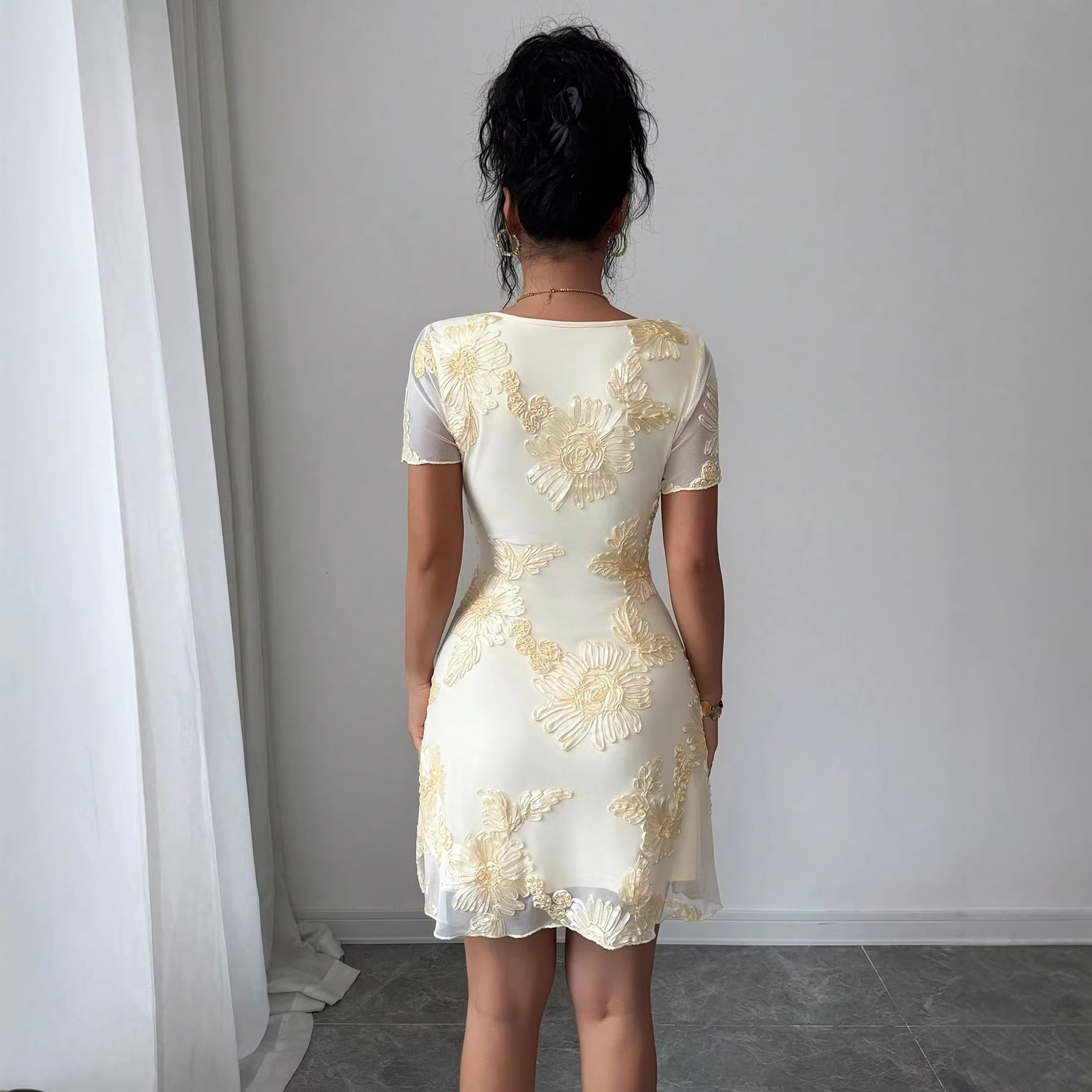 Designer Dress European American Fashion Mesh Embroidery Square Neck Waist Shaping Slim Fit Elegant Vacation Style Long Dress Casual Daily Beach Resor