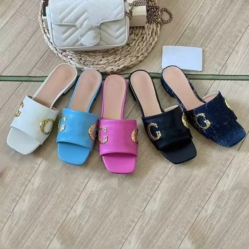 G Luxury Designer Shoes Women's Metal Decor Slide Sandals, Square Toe Slip-On Flat Slippers, Summer Casual Beach Shoes Metal Ornament Flat Casual Slippers Gift Size 35-42