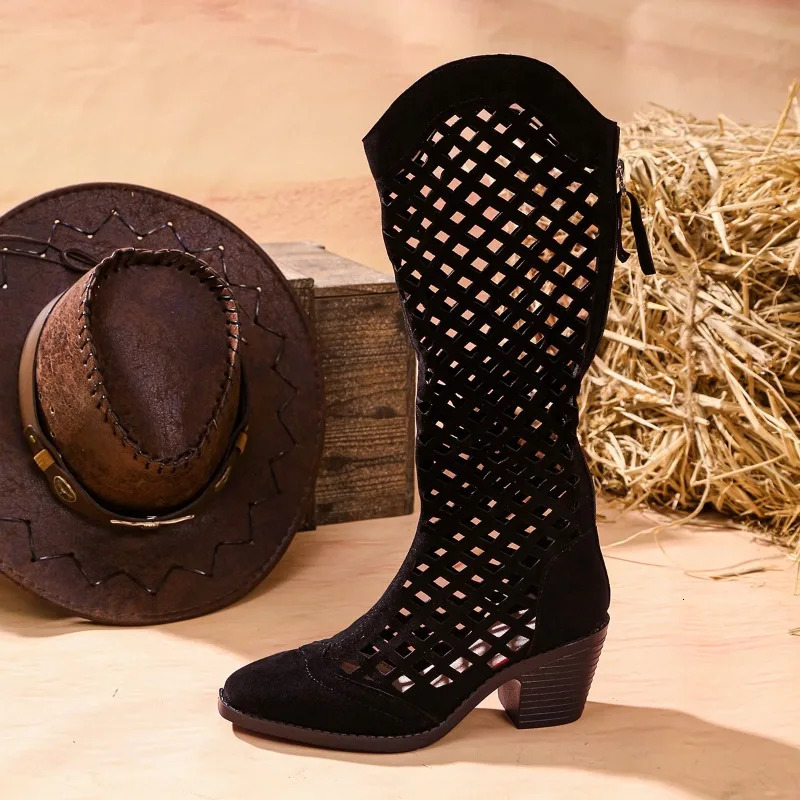 Cutout Breathable Womens Boots Thick Heels Leather Woman Mid-Calf Boots Fashion Hollow Out Ladies Shoes Summer Boot Shoes 260429