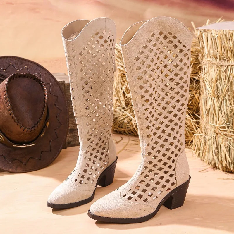 Cutout Breathable Womens Boots Thick Heels Leather Woman Mid-Calf Boots Fashion Hollow Out Ladies Shoes Summer Boot Shoes 260429