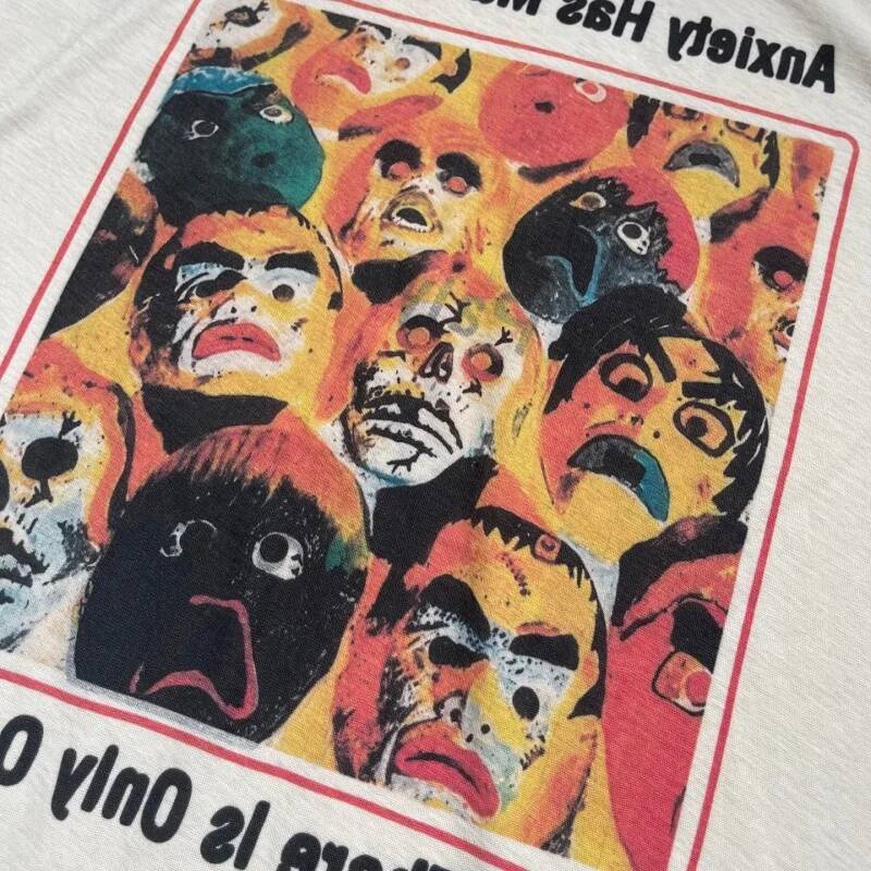 Men's Double Sided Print Anxiety Faces T Shirt Paly Vintage Washed Distressed Holes Oversized Streetwear Tee - view 6