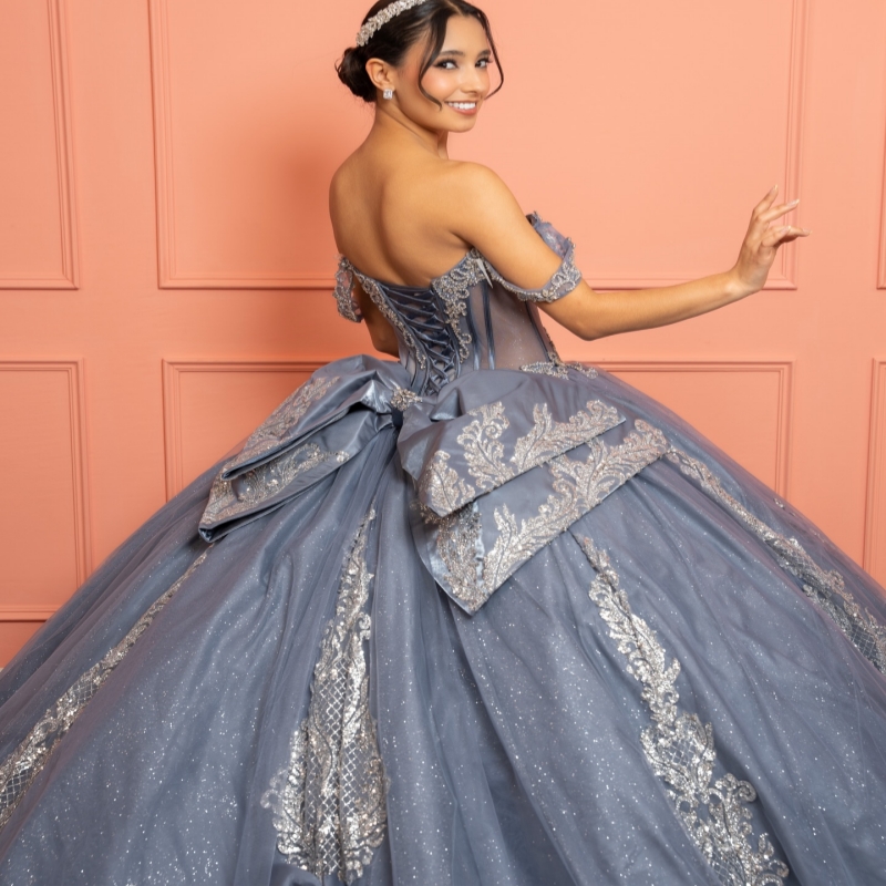 Navy Blue Shiny Ball Gown Quinceanera Dresses Silvery Applique Beading Crystal Bow Tull Corset Off Shoulder Sweet 16 Dress vestidos 15 anos - view 5
