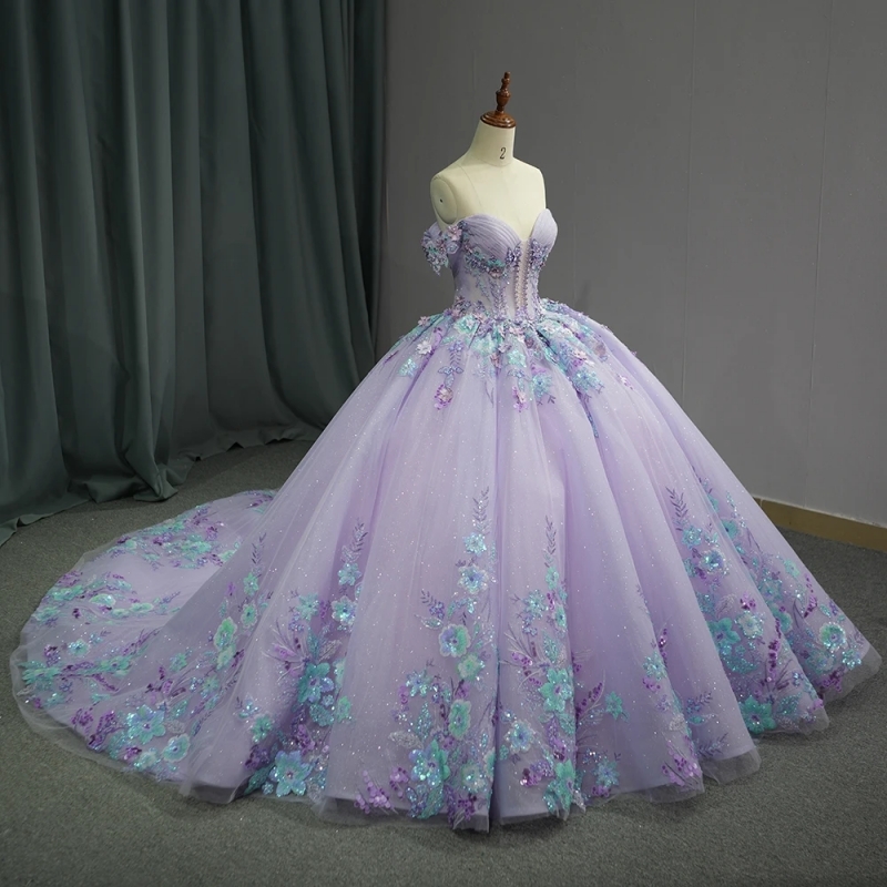 Lilac Shiny Quinceanera Dresses Sweetheart Crystal Sequin Lace Appliques Court Train Ball Gown Tull Vestidos De 15 Anos sweet 16 dress