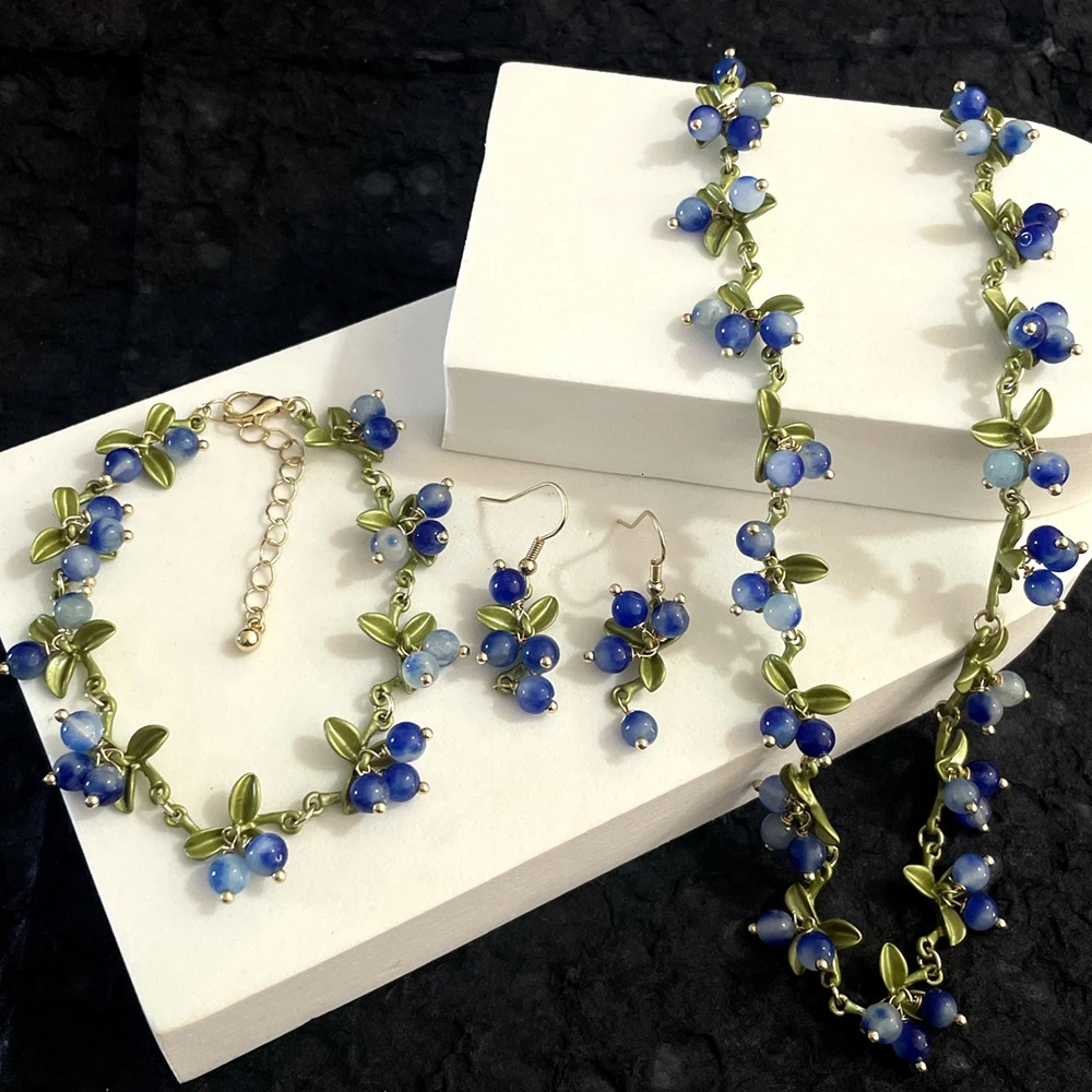 retro French forest plant baked paint flower berry cranberry natural stone earrings bracelet necklace set 260430