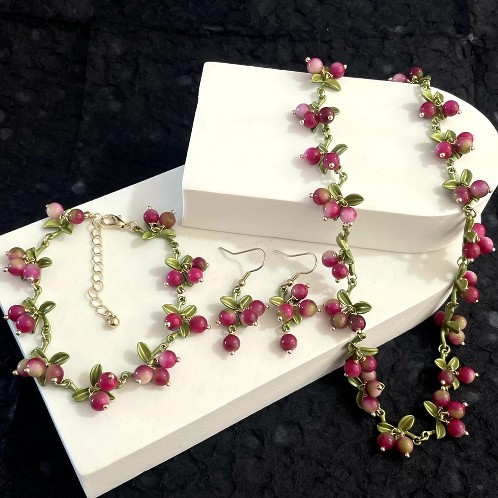 retro French forest plant baked paint flower berry cranberry natural stone earrings bracelet necklace set 260430
