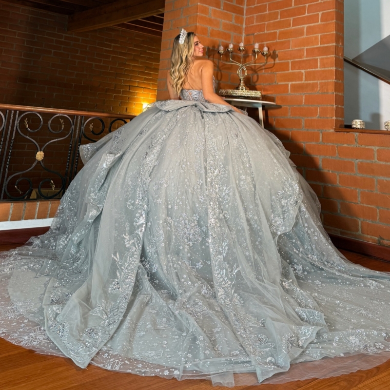 silvery Shiny Ball Gown Quinceanera Dresses Applique lace Beading Crystal Bow Tull Corset Off Shoulder Sweet 16 Dress vestidos 15 anos