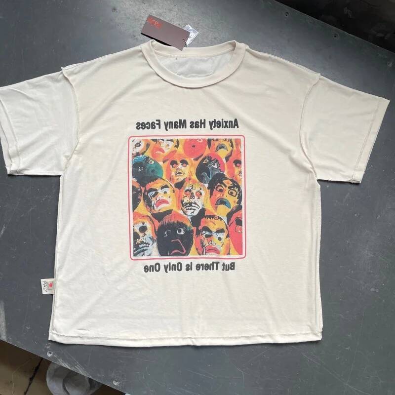 Men's Double Sided Print Anxiety Faces T Shirt Paly Vintage Washed Distressed Holes Oversized Streetwear Tee - view 5