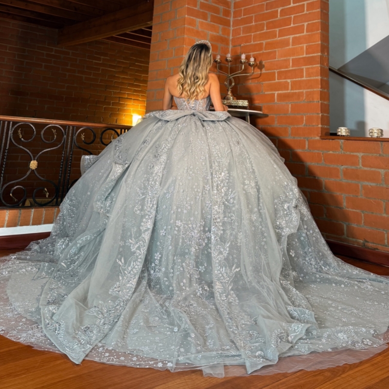 silvery Shiny Ball Gown Quinceanera Dresses Applique lace Beading Crystal Bow Tull Corset Off Shoulder Sweet 16 Dress vestidos 15 anos