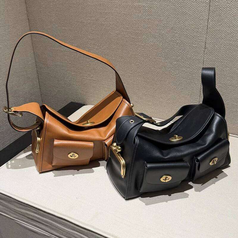Vintage Style Shoulder Hand Women Lady Soft Pu Leather Bags Big Capacity Zipper Closure Underarm Multi Pocket Daily Bag