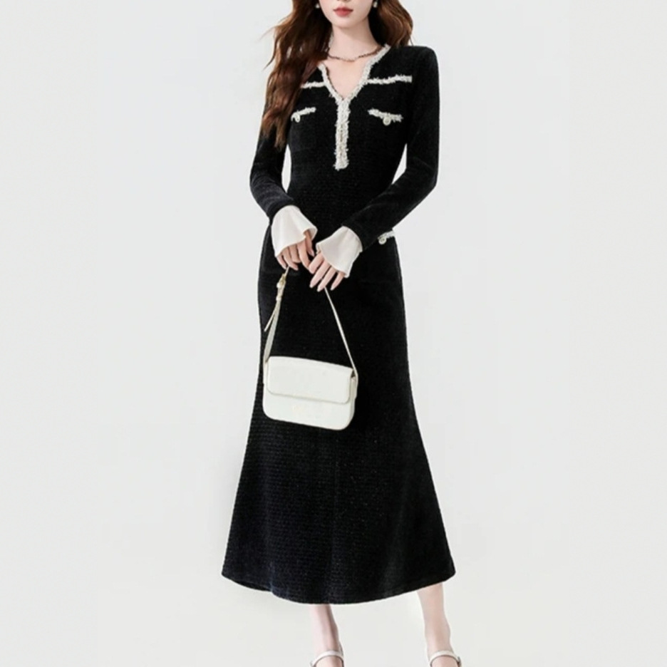Summer Designer Dress French Socialite Elegant V Neck Flare Sleeve Mermaid Dress Age Reducing Fashion Black Inner Wear Slim Fitted Temperament Casual 