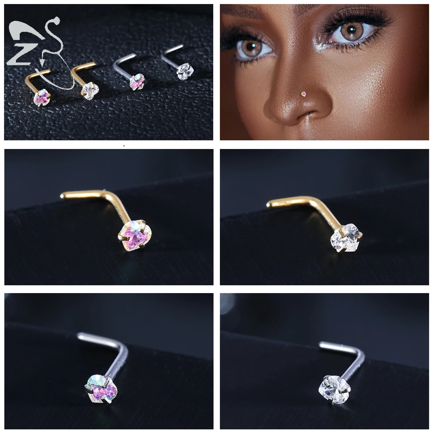 ZS 34Pcslot Gold Color Stainless Steel Nose Stud Set Heart Star Round Crystal Piercing L Shape Nostril 18g20g 260430