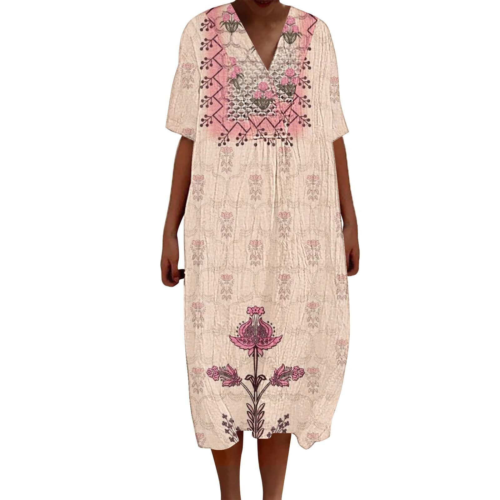 Summer New Arrival Designer Dress 3D Digital Floral Printed V Neck Short Sleeve Maxi Dress Retro Bohemian Plus Size Loose Breathable Soft Fabric Casua