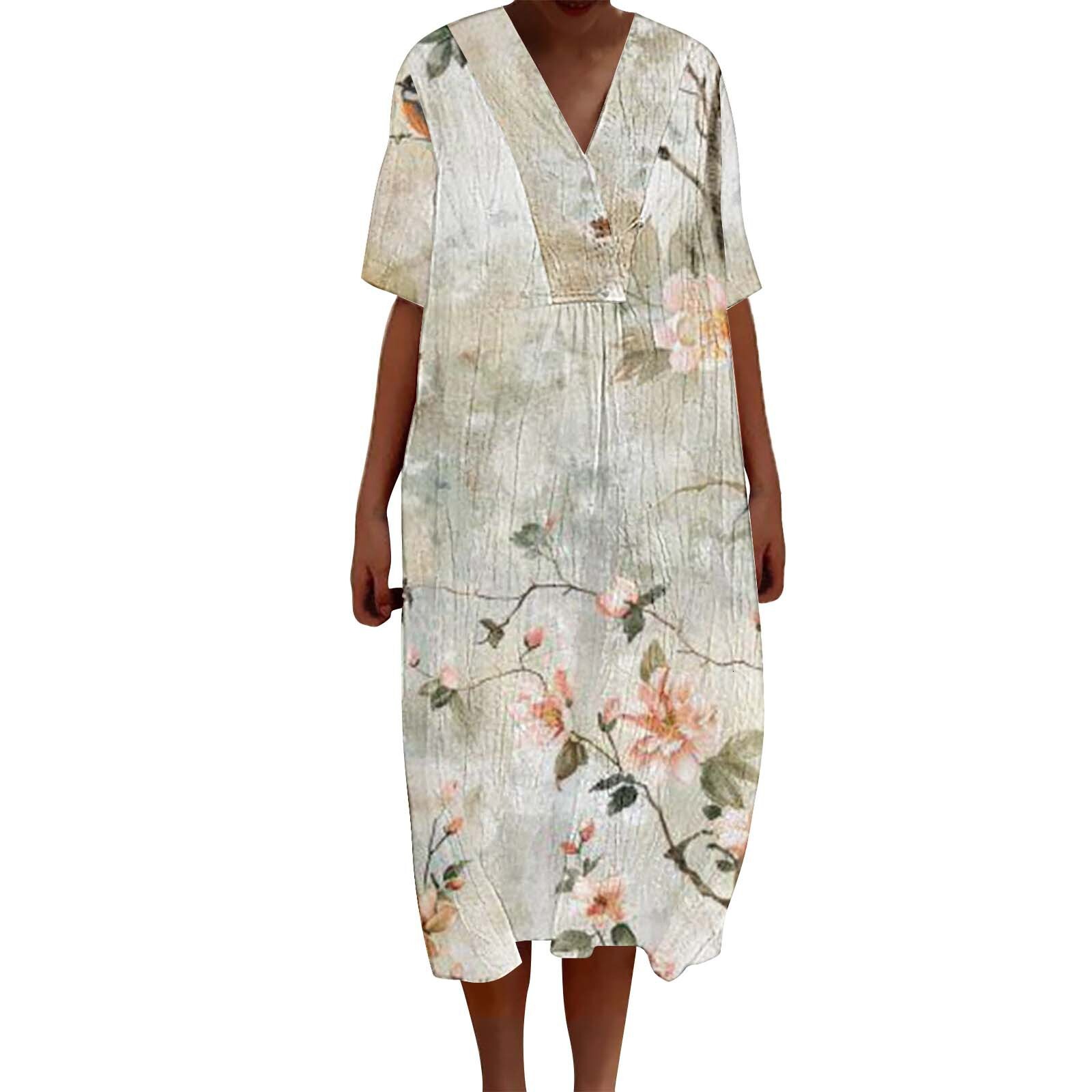 Summer New Arrival Designer Dress 3D Digital Floral Printed V Neck Short Sleeve Maxi Dress Retro Bohemian Plus Size Loose Breathable Soft Fabric Casua