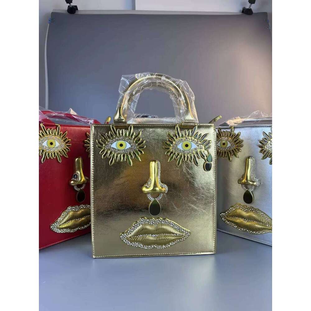 New Face Bag Women High Quality Black Leather Luxury Brands Handbag Jewelry Eyes Gold-Tone Metal Shoulder Strap Crossbody Bags