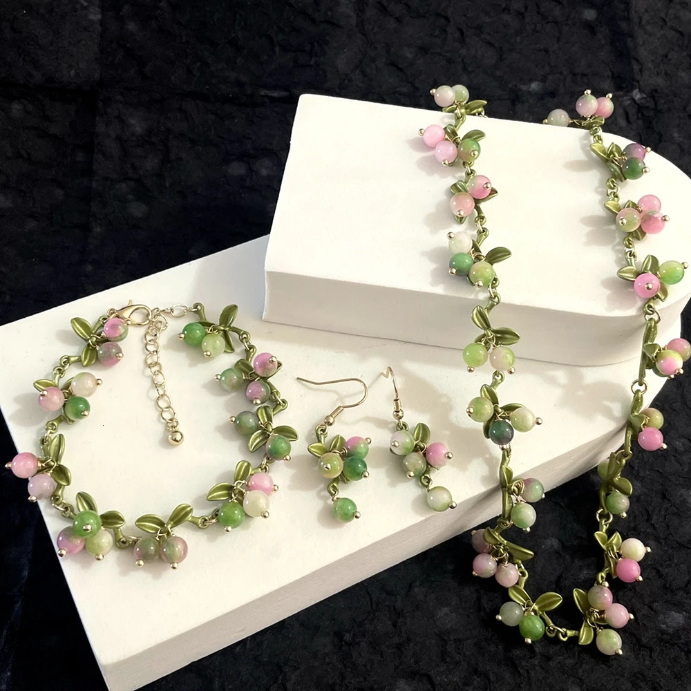 retro French forest plant baked paint flower berry cranberry natural stone earrings bracelet necklace set 260430