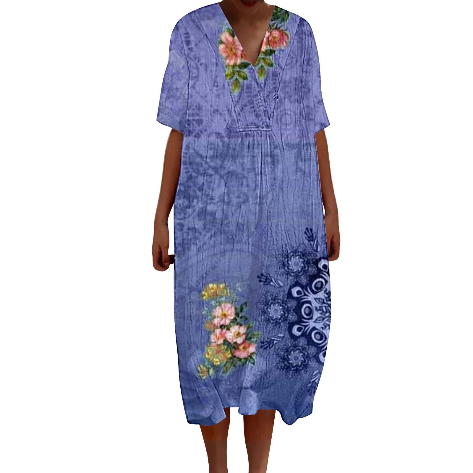 Summer New Arrival Designer Dress 3D Digital Floral Printed V Neck Short Sleeve Maxi Dress Retro Bohemian Plus Size Loose Breathable Soft Fabric Casua