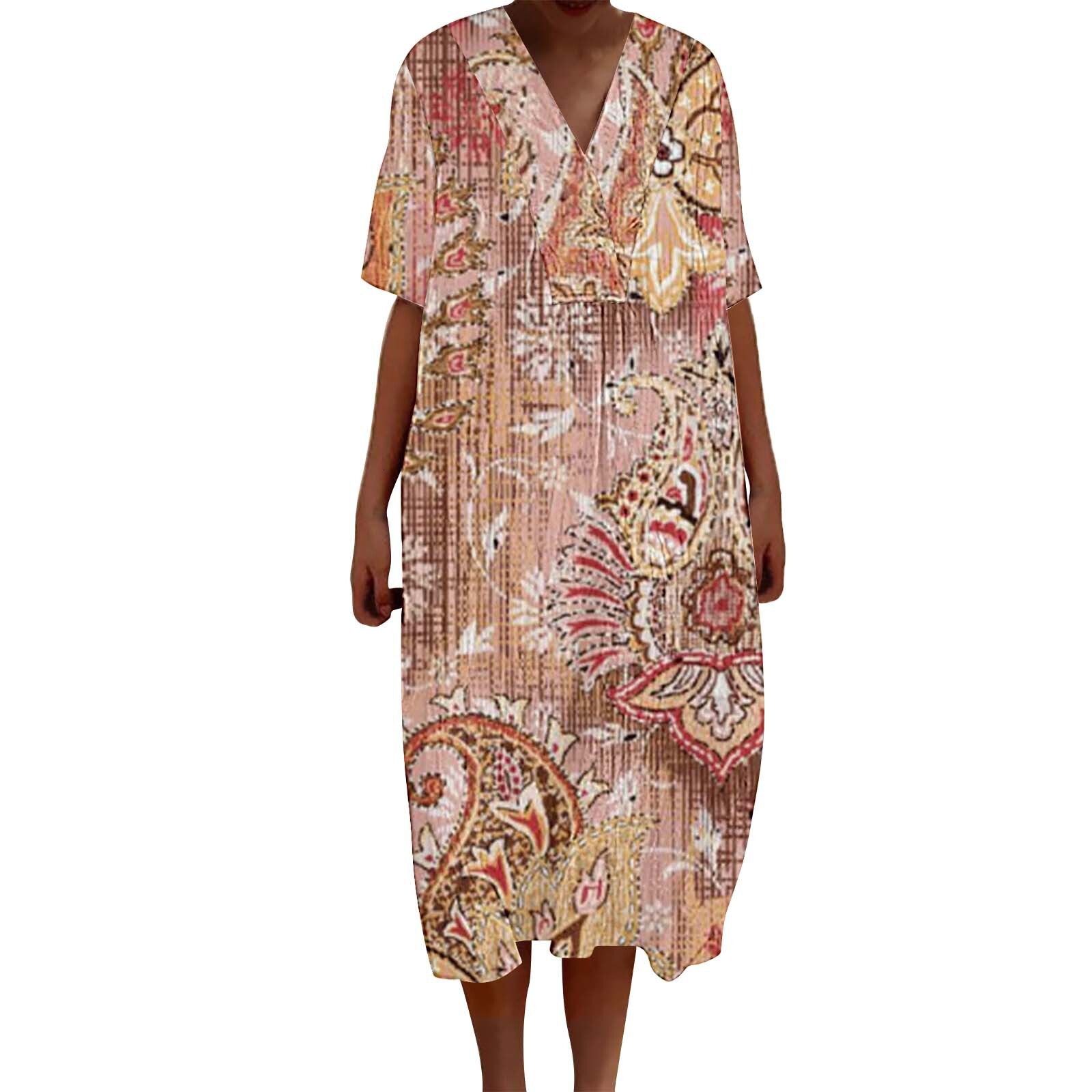 Summer New Arrival Designer Dress 3D Digital Floral Printed V Neck Short Sleeve Maxi Dress Retro Bohemian Plus Size Loose Breathable Soft Fabric Casua