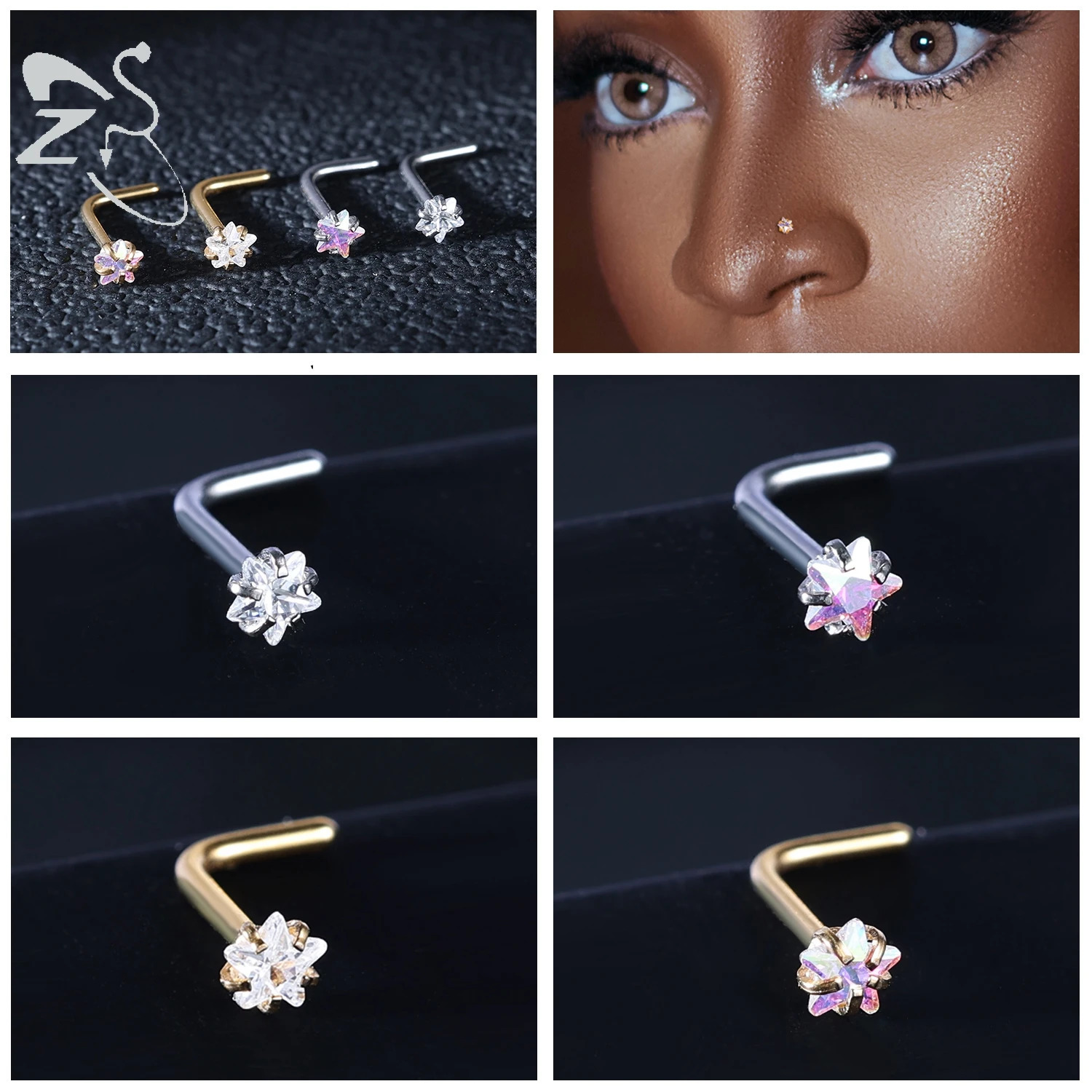 ZS 34Pcslot Gold Color Stainless Steel Nose Stud Set Heart Star Round Crystal Piercing L Shape Nostril 18g20g 260430