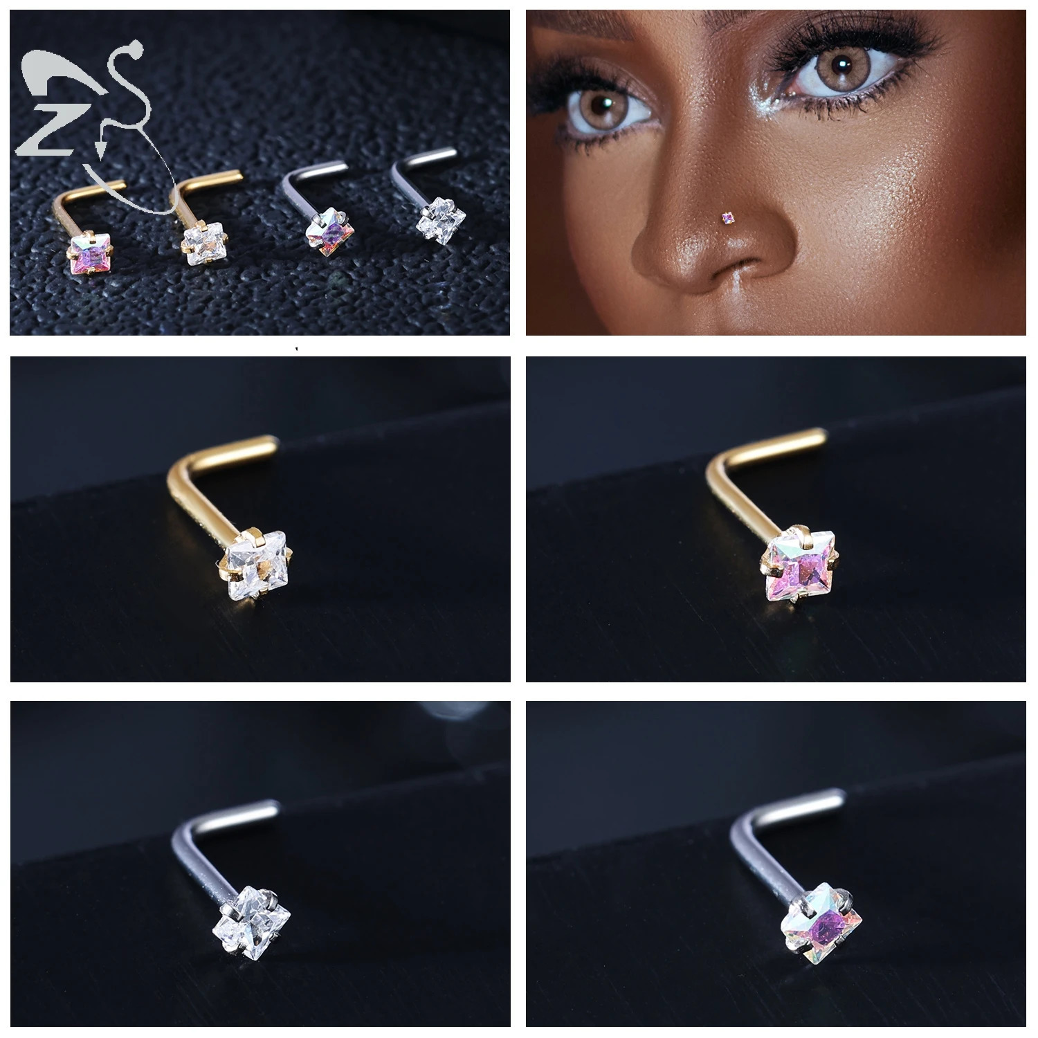 ZS 34Pcslot Gold Color Stainless Steel Nose Stud Set Heart Star Round Crystal Piercing L Shape Nostril 18g20g 260430