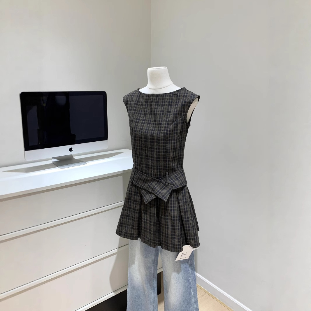 Summer Retro Plaid Designer Dress Waist Slim Pleated Mini Skirt Elegant Temperament Niche Fashion Casual Daily Streetwear For Women