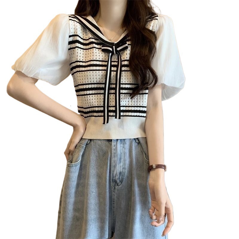 New Korean Preppy Style Navy Collar Puff Short Sleeve Slim Striped Knitted Designer Top Elegant Temperament Casual Daily Streetwear Fashion Blouse For