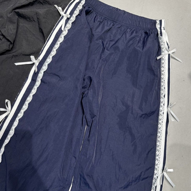 2026 Summer Elastic Waist Lace Trim White Striped Butterfly Cuffed Sweatpants and Joggers