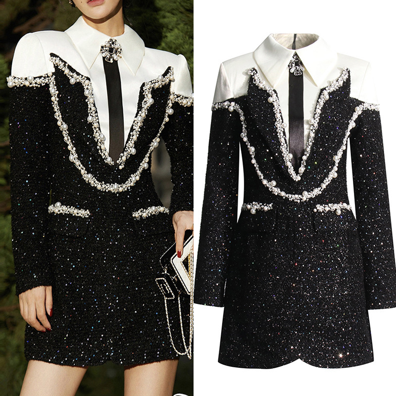 Summer New Korean Style Elegant Tweed Designer Dress Fashion Socialite Spliced Beaded Diamond Inlaid Short Dress Women High End Temperament Slim Fit C