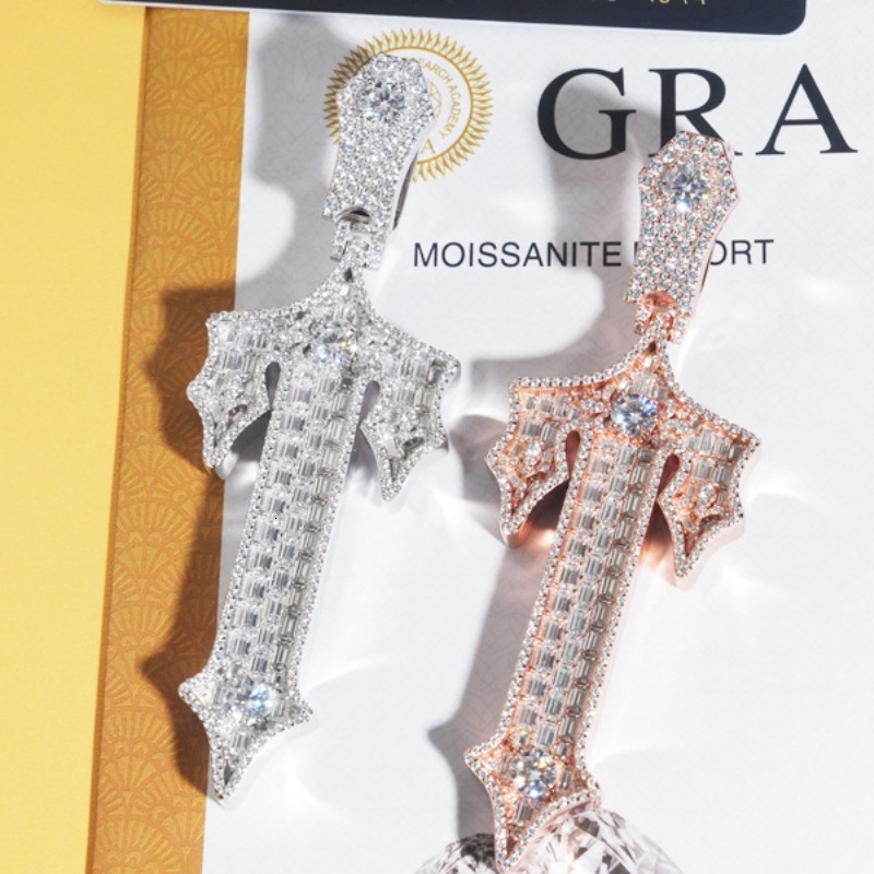 Passed Tester GRA Moissanite Necklace S925 Silver Gold Plated VVS T Moissanite Cross Pendant Necklace for Men Women with 3mm 24inch Rope Chain