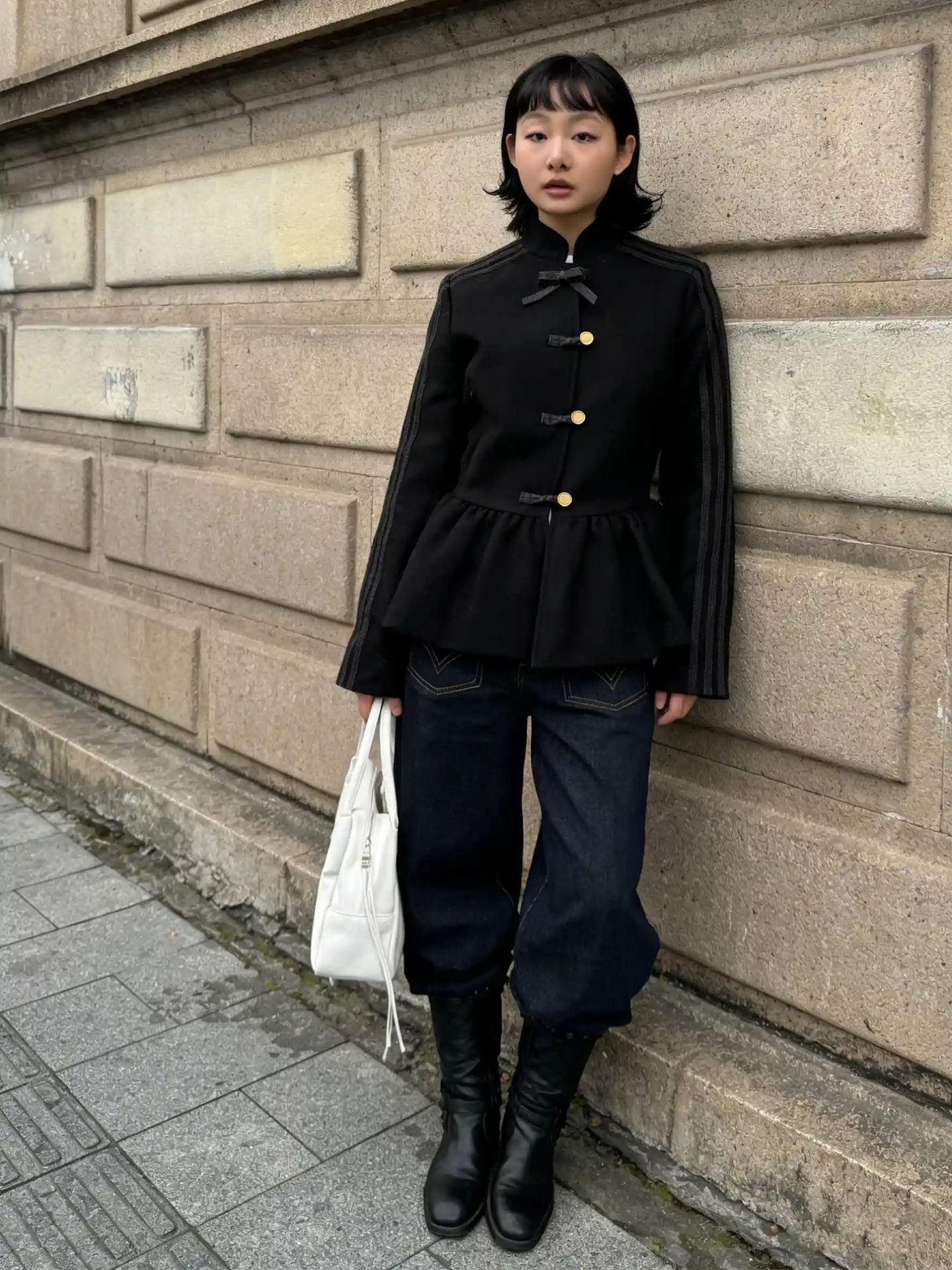 2026 new Autumn/Winter New Chinese Style Button - decorated Three - stripe Set Retro Stand - collar Waist - cinching Ruffled Jacket Top