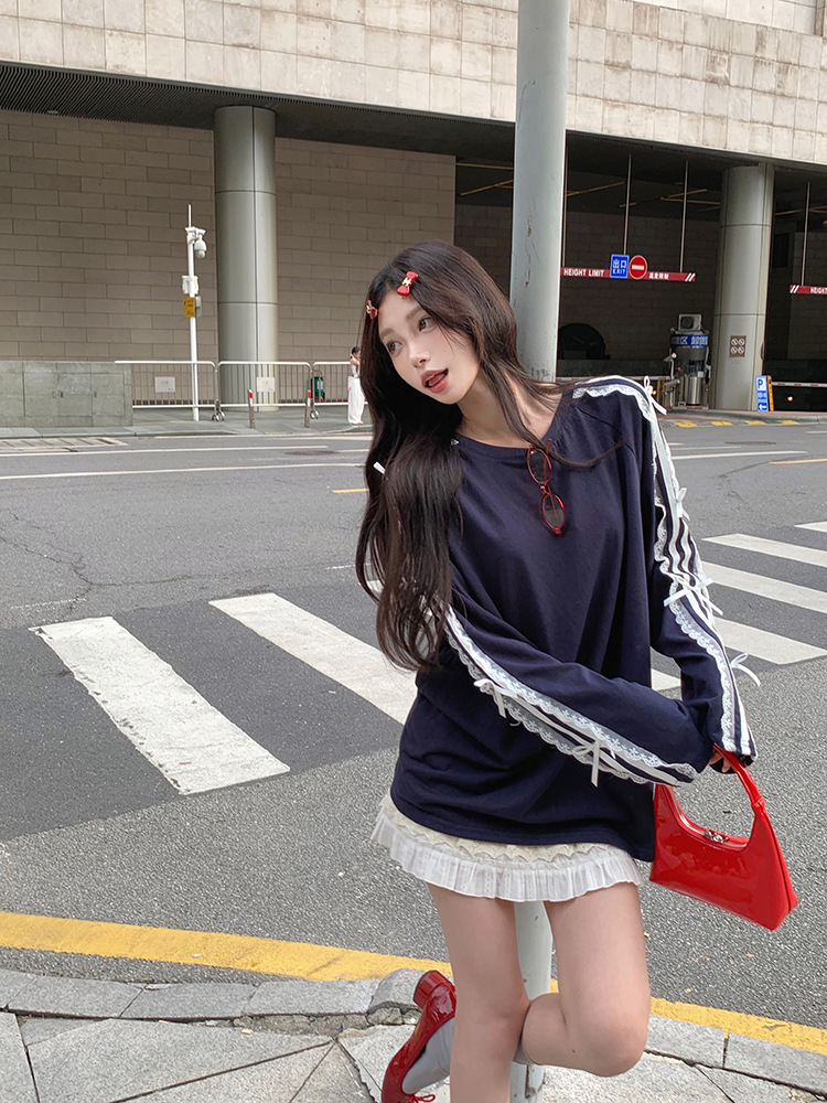 2026 Women's Summer Korean-style Casual Loose Mid-length Long-sleeved T-shirt with Lace Trim Stripes and Bowknot a Stylish Top