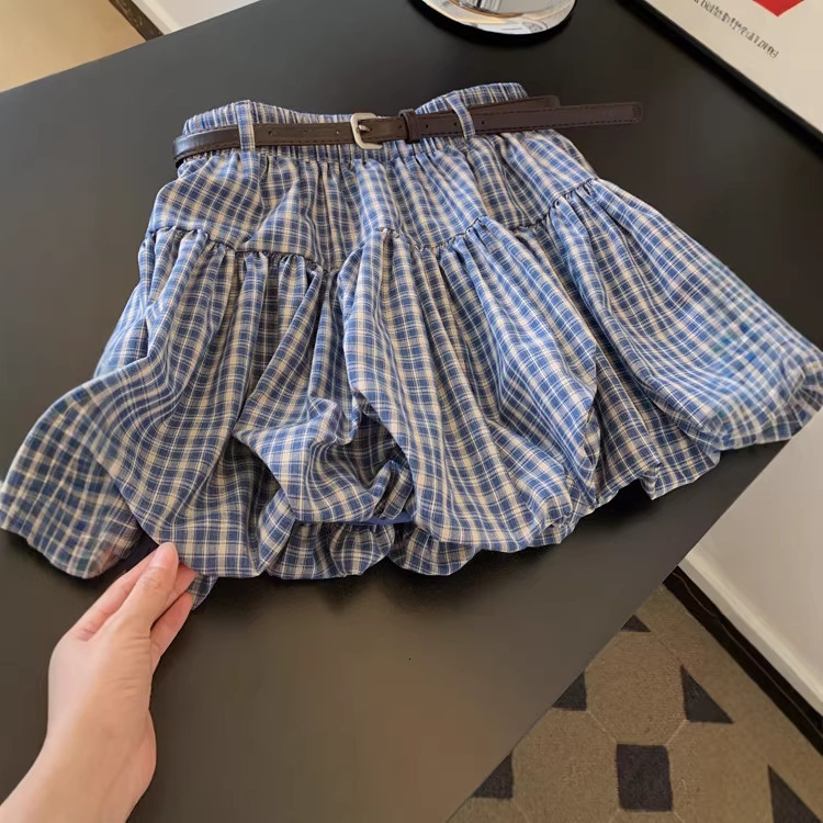 New Blue Plaid Bud Shade Meat A Line Designer Skirt Plus Size Fat MM Slim Casual Age Reducing Puff Half Mini Skirt Elegant Temperament High Waist Casu