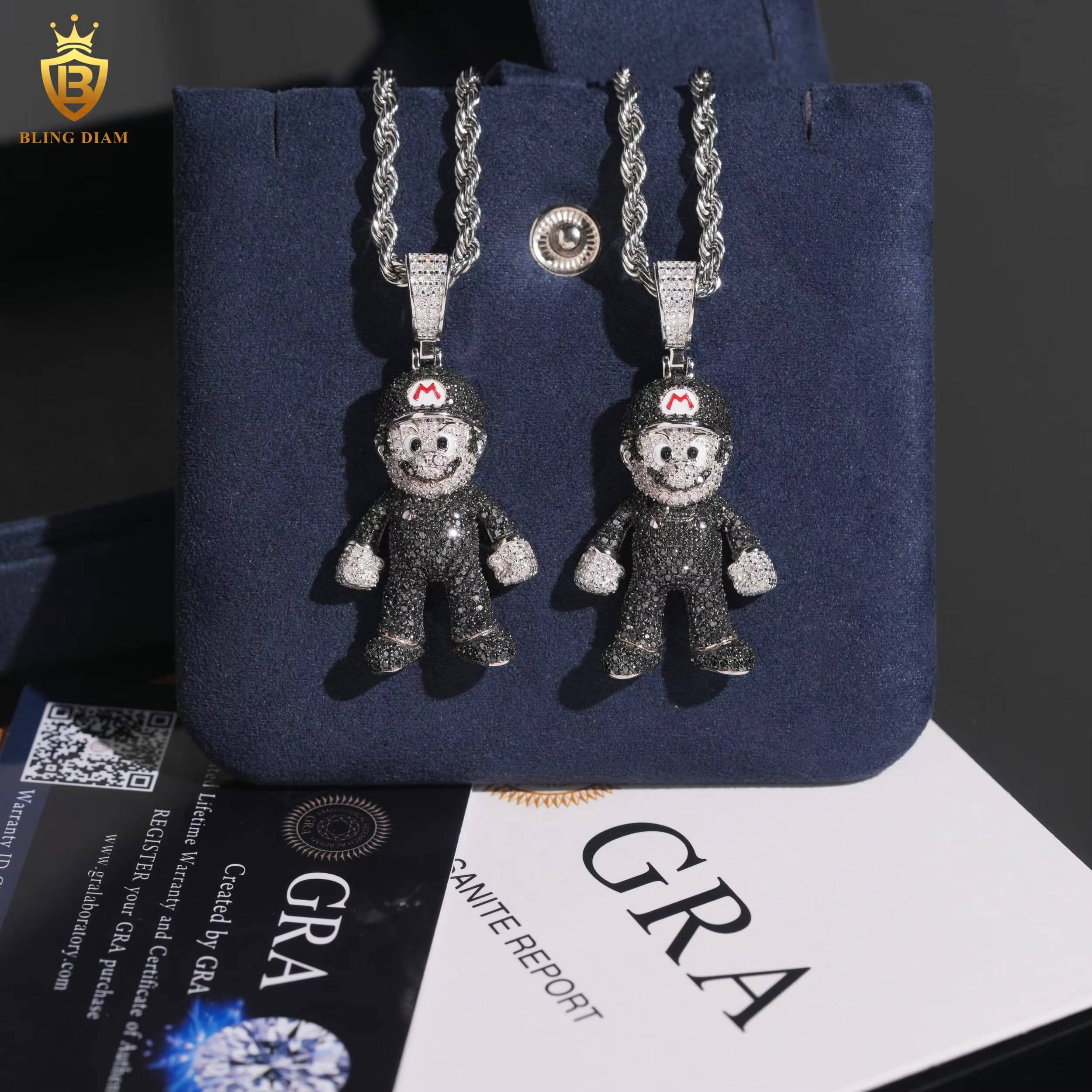 Pendant Charms Mario Cartoon 925 Sterling Silver Round Brilliant Black Moissanite Pendant Fashion Pendants Charms Necklace