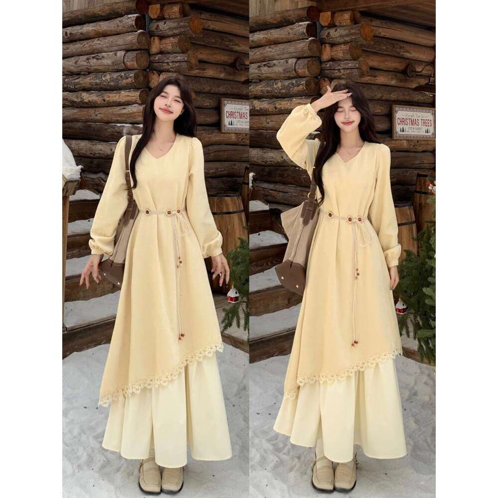 2026 European American Style Elegant Spring New Dress With Printed Chiffon, Long Sleeves, V-Neck, And Tie Belt
