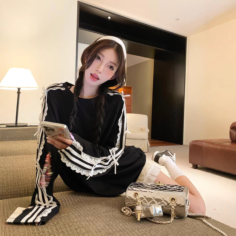 new Women's Summer Korean-style Casual Loose Mid-length Long-sleeved T-shirt with Lace Trim Stripes and Bowknot a Stylish Top