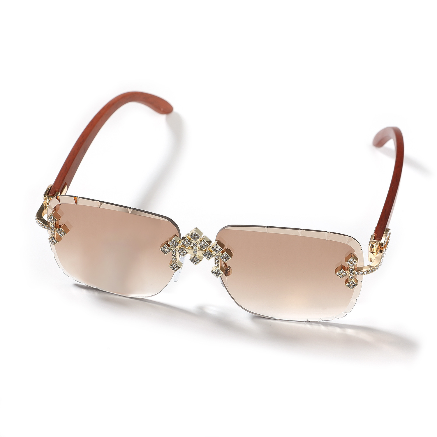 New Hip-hop Fashion Rimless Cut-edge Designer Sunglasses Diamond Inlaid Lens Imitation Wood Grain Temple Outdoor Street Shooting Trendy UV Protection 