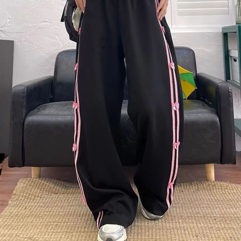 2026 Women's Casual Sweatpants with Bow and Side Stripes Loose and Slim-Fitting Wide-Leg Sports Trousers for Students Autumn and Winter
