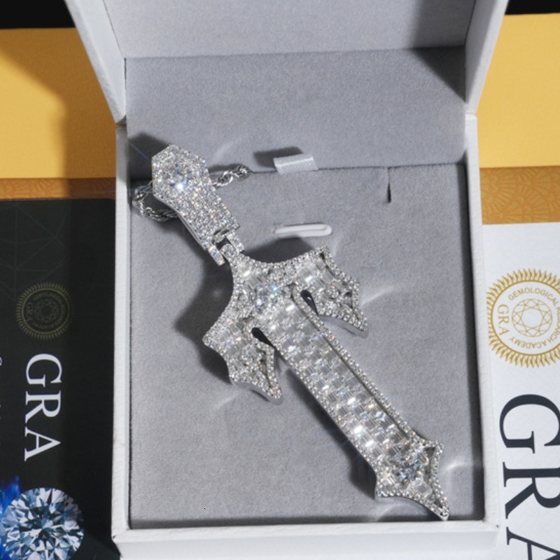 Passed Tester GRA Moissanite Necklace S925 Silver Gold Plated VVS T Moissanite Cross Pendant Necklace for Men Women with 3mm 24inch Rope Chain