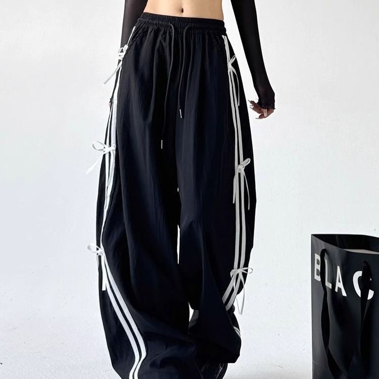2026 new Trendy Versatile Quick-Drying Wide-Leg Pants Korean Style Black Strappy Bowknot Loose Slimming Elastic Waist Casual Trousers