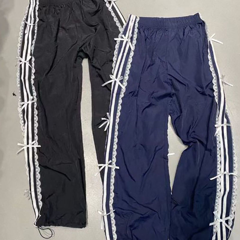 2026 Summer Elastic Waist Lace Trim White Striped Butterfly Cuffed Sweatpants and Joggers