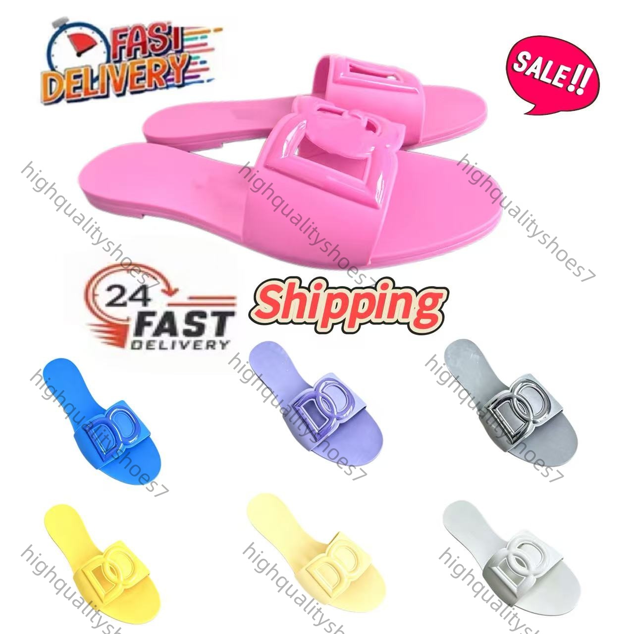 Designer Luxury Sandals 2025 Women Interlocking Slides Rubber Slippers Ladies Flat Beach Jelly Script Blue Summer Fall Mules Outdoor Waterproof Size 36-42