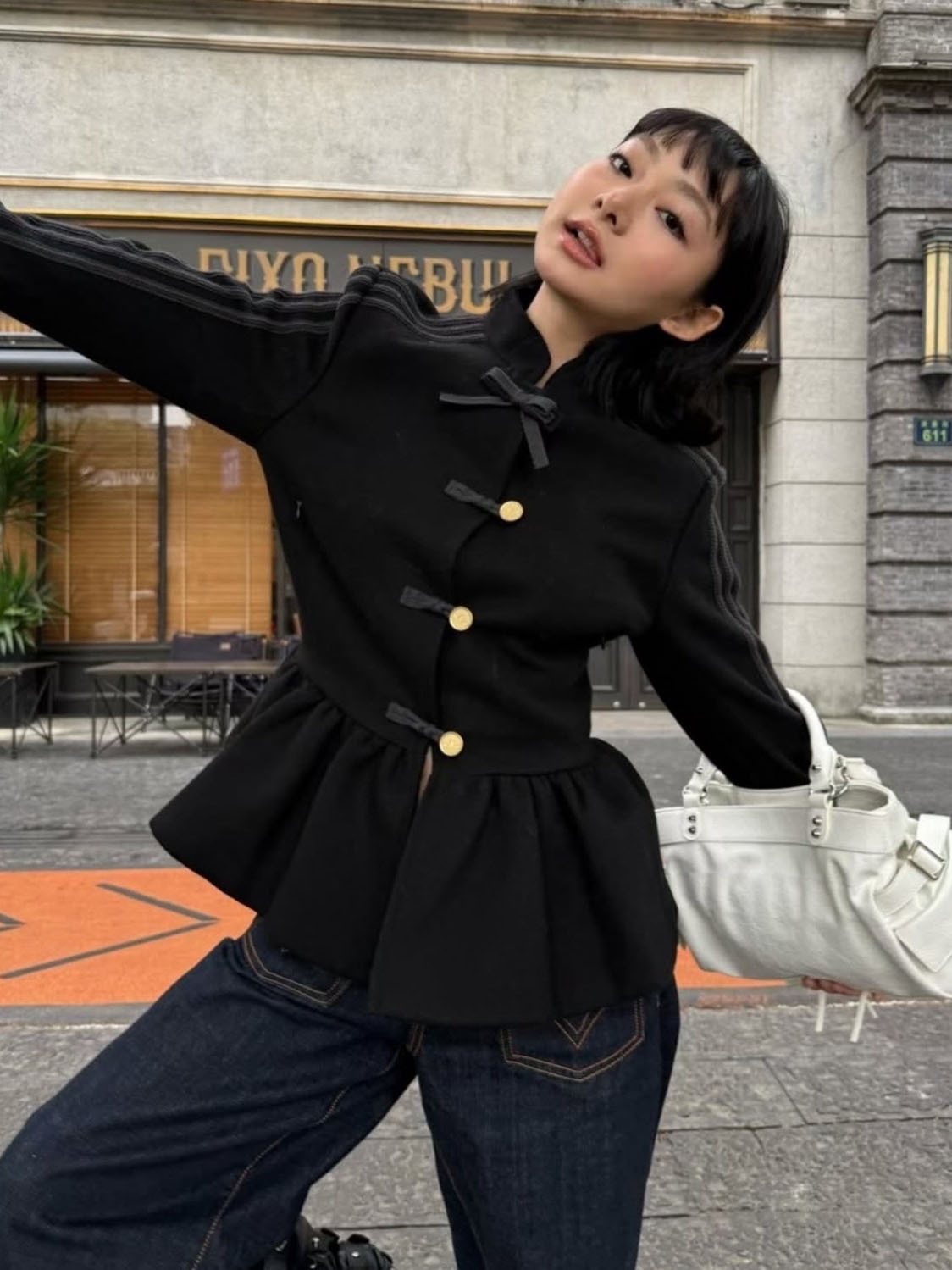 2026 Autumn/Winter Chinese Style Button - decorated Three - stripe Set Retro Stand - collar Waist - cinching Ruffled Jacket Top