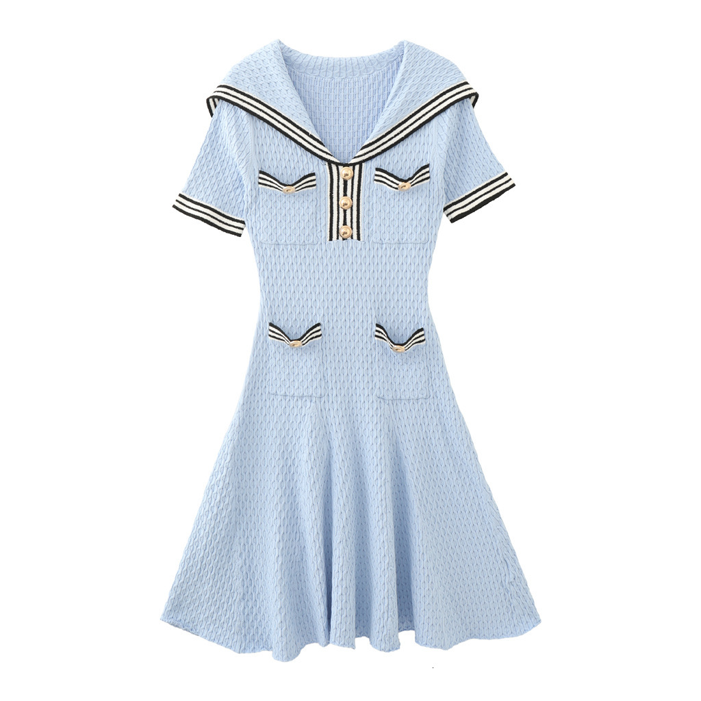 French Style Navy Collar Retro Knitted Designer Dress Short Sleeve Age-reducing Temperament Niche Design Elegant Slim Casual Daily Streetwear Fashion 