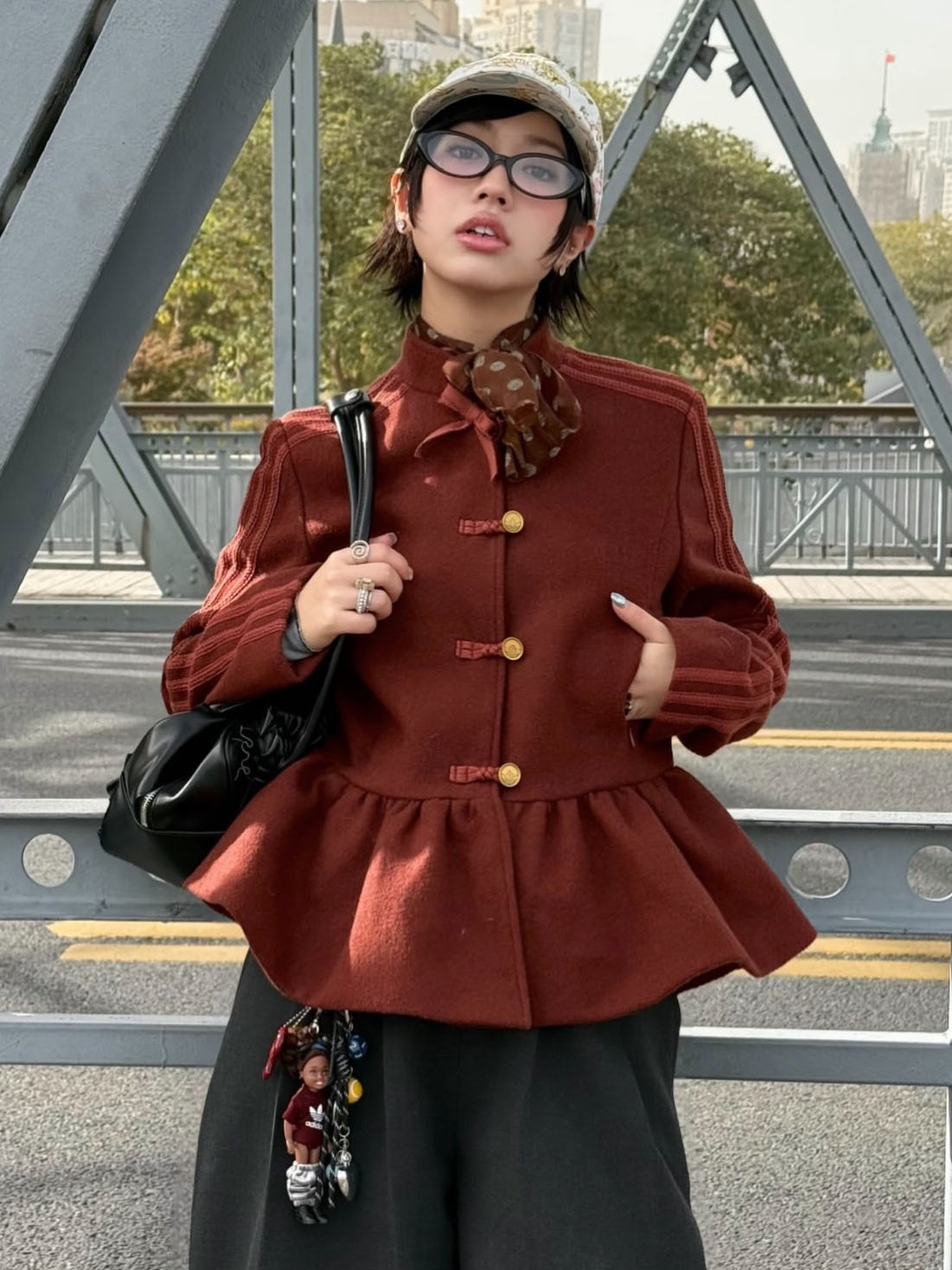 2026 Autumn/Winter Chinese Style Button - decorated Three - stripe Set Retro Stand - collar Waist - cinching Ruffled Jacket Top