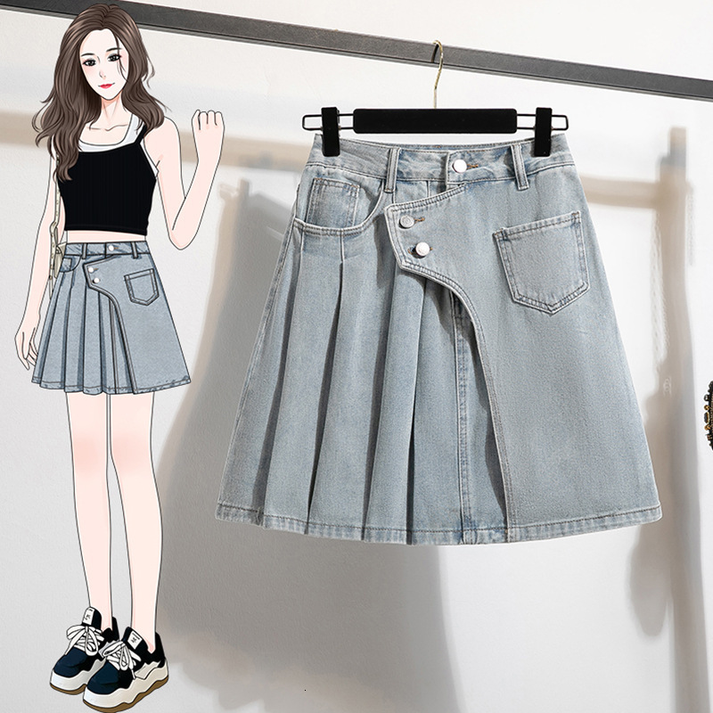 Summer Plus Size Pure Cotton Retro Designer Skirt Fat MM High Waist A Line Pleated Mini Skirt Anti Exposure Denim Half Skirt Elegant Temperament Slim 