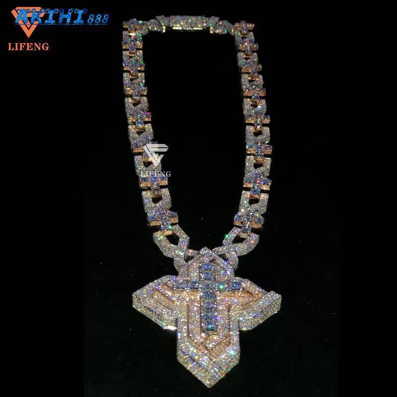 2026 Lifeng Jewelry Bust Down VVS Moissanite Two Tone Cross Pendant Hiphop Sterling Silver Diamond Charm Necklace Jewelry Set