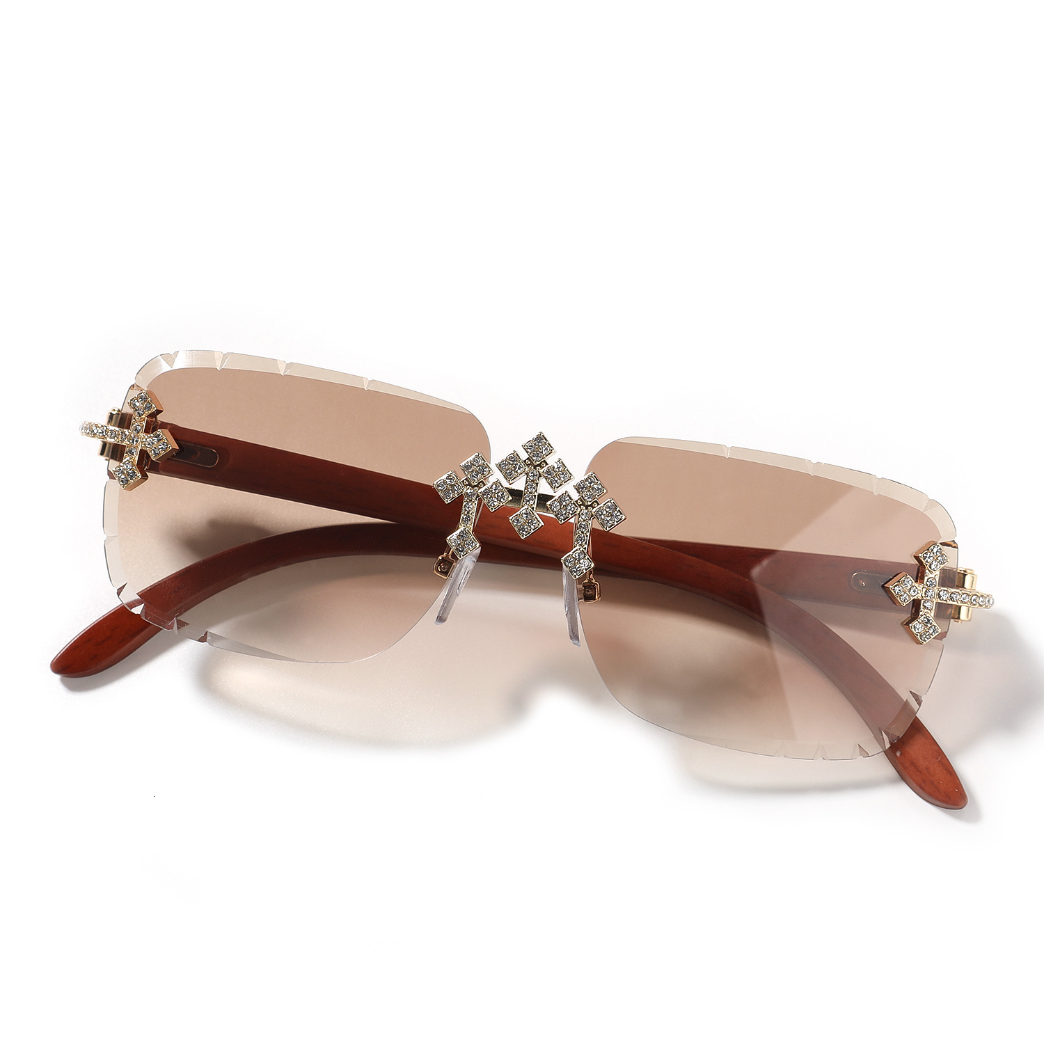 New Hip-hop Fashion Rimless Cut-edge Designer Sunglasses Diamond Inlaid Lens Imitation Wood Grain Temple Outdoor Street Shooting Trendy UV Protection 