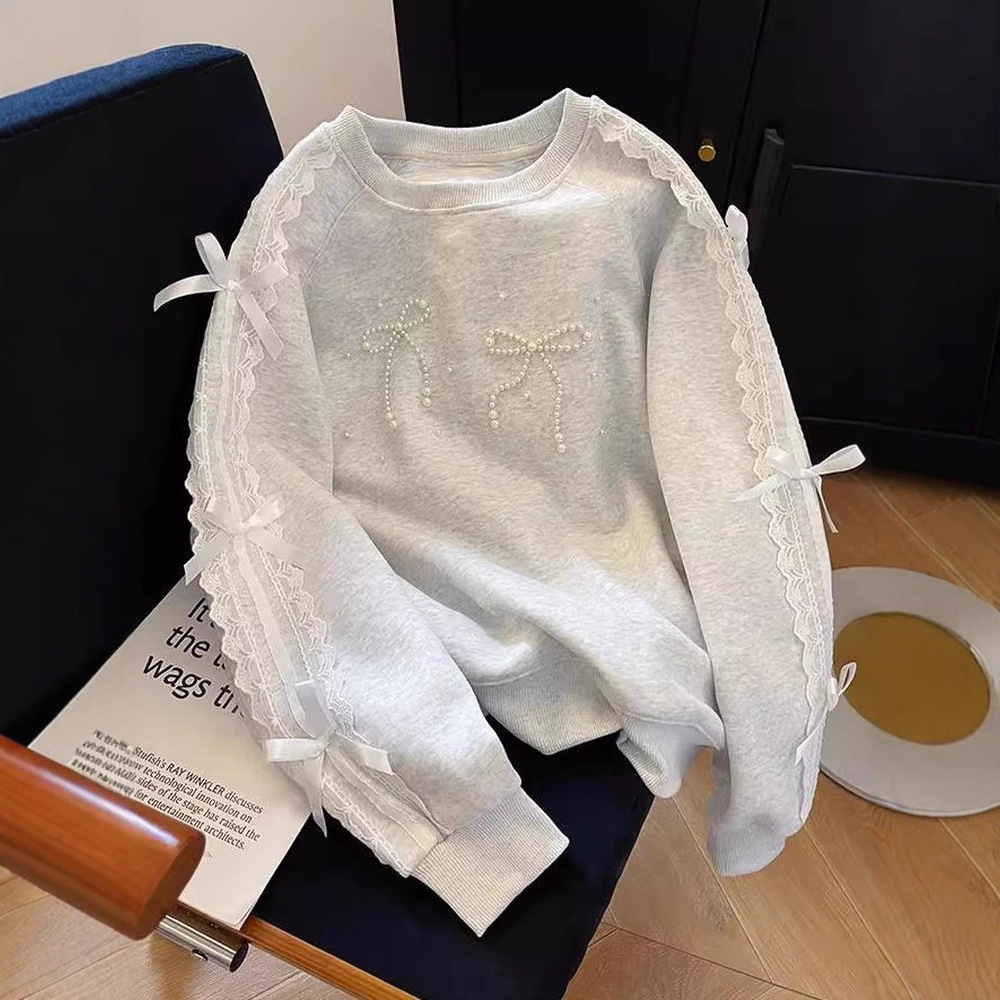 2026 new Sweet Style Lace Beaded Bow - detailed Pullover Fleece - lined Sweatshirt for Women Korean - style Design Top for Autumn and Winter